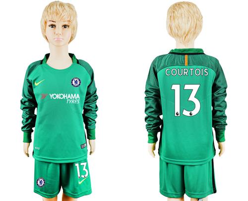 Chelsea #13 Courtois Green Goalkeeper Long Sleeves Kid Soccer Club Jersey - Click Image to Close